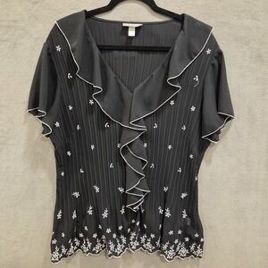 Dressbarn Black Floral Embroidered Pleated Blouse Women's 1X Ruffle Collar Sheer